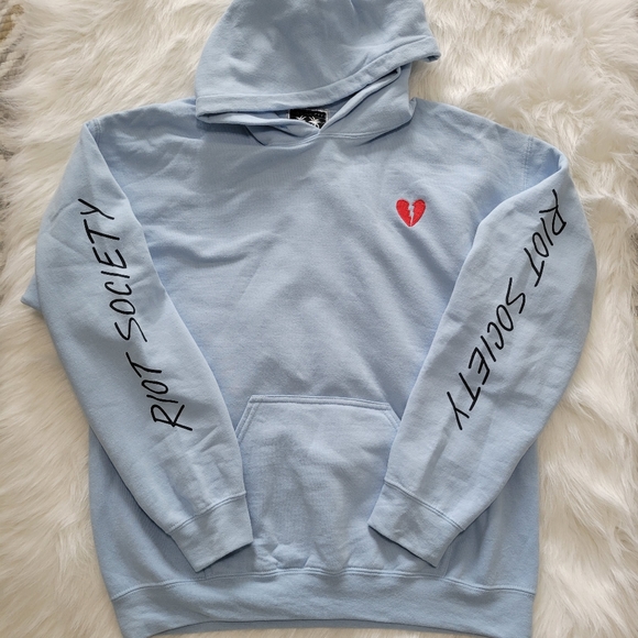 riot society | Shirts | Riot Society Hoodie Sweatshirt M Baby Blue  Embroidered Red Broken Heart | Poshmark